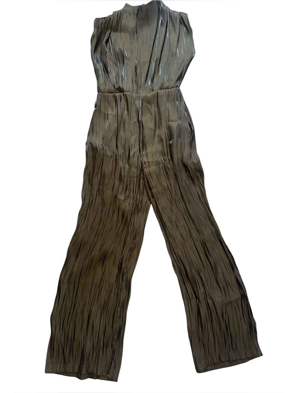 Line & Dot Jumpsuit Womens Medium Olive Green Pleated Wide Leg Sleeveless Satin